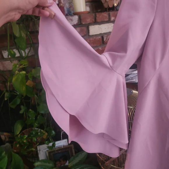 Milly Pink Mauve Bell Sleeve Shift Dress | Flounce Sleeve V-Neck Mini - Picture 4 of 13